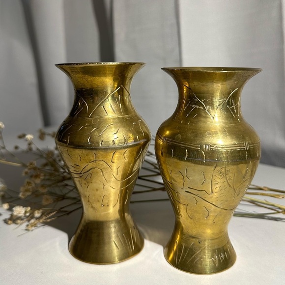 Vintage Etched / Engraved Brass Vase Set of 2 - Picture 3 of 8